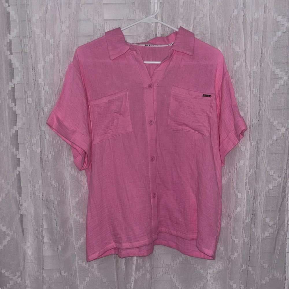 New Nicole Miller Hot Pink Button Down Linen Top